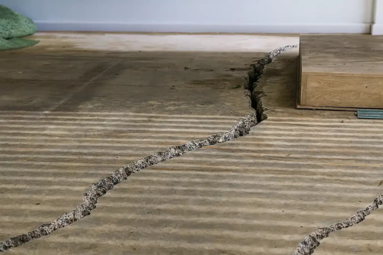 Illustration of deep cracks spreading across a concrete garage floor