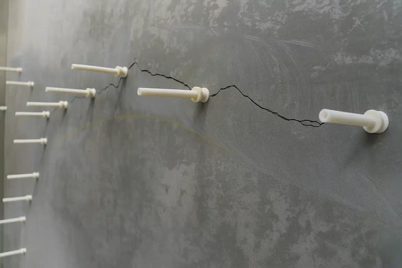 Injection ports set along a crack in a concrete wall