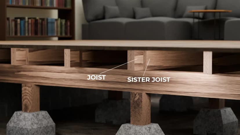 Illustration of a sister joist fastened beside a floor joist