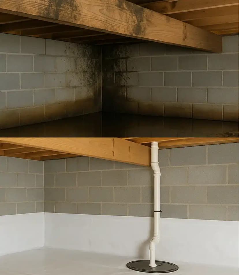 Crawl space block walls stained by standing water