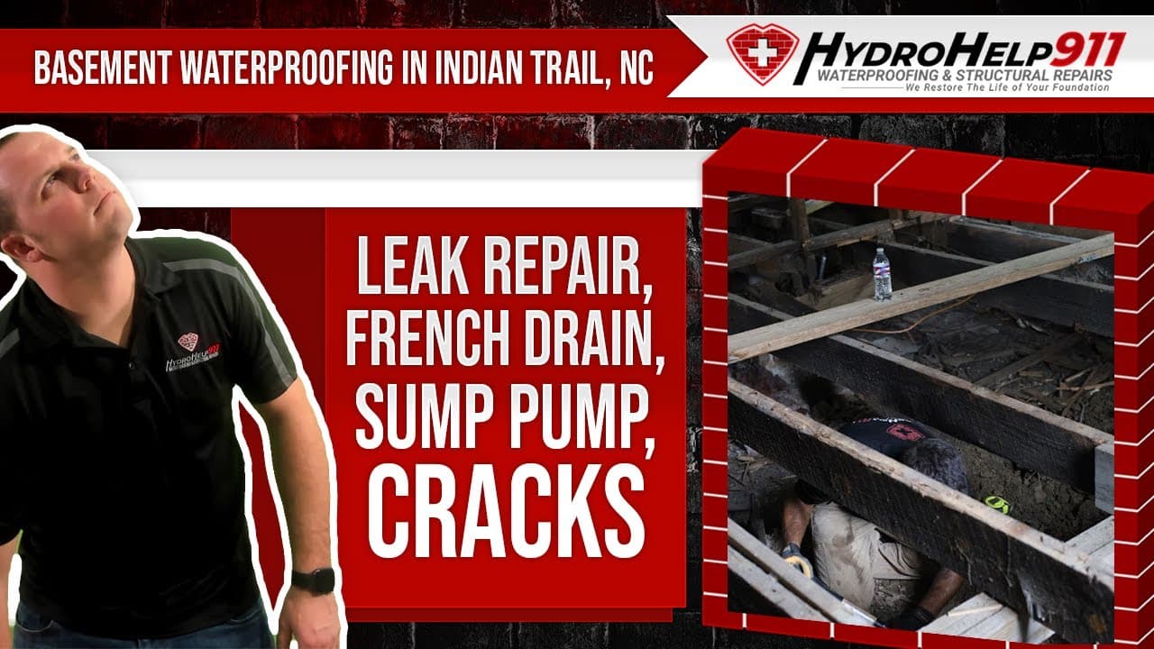 Basement Waterproofing in Indian Trail, NC: Interior Drainage, Sump Pump and Crack Repair. Video preview.