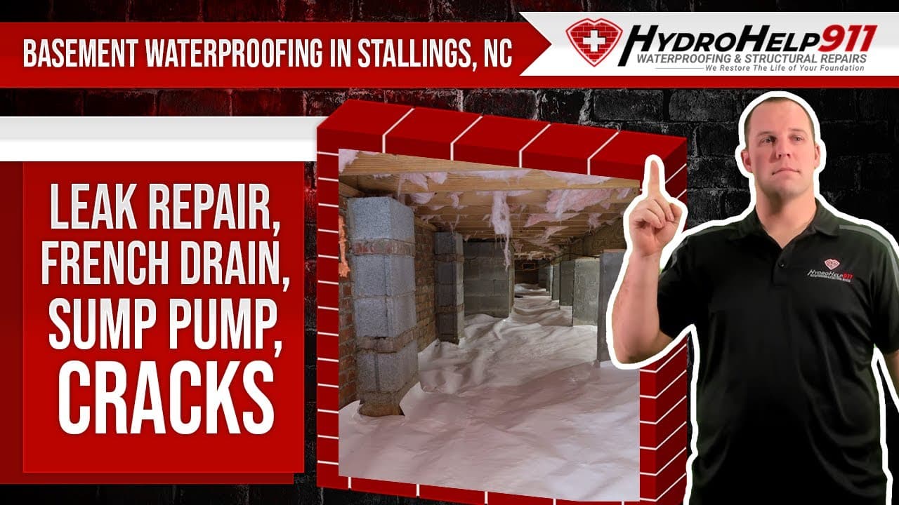 Basement Waterproofing in Stallings, NC: Interior Drainage, Sump Pump and Crack Repair. Video preview.