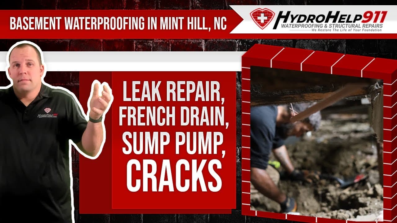 Basement Waterproofing in Mint Hill, NC: Interior Drainage, Sump Pump and Crack Repair. Video preview.