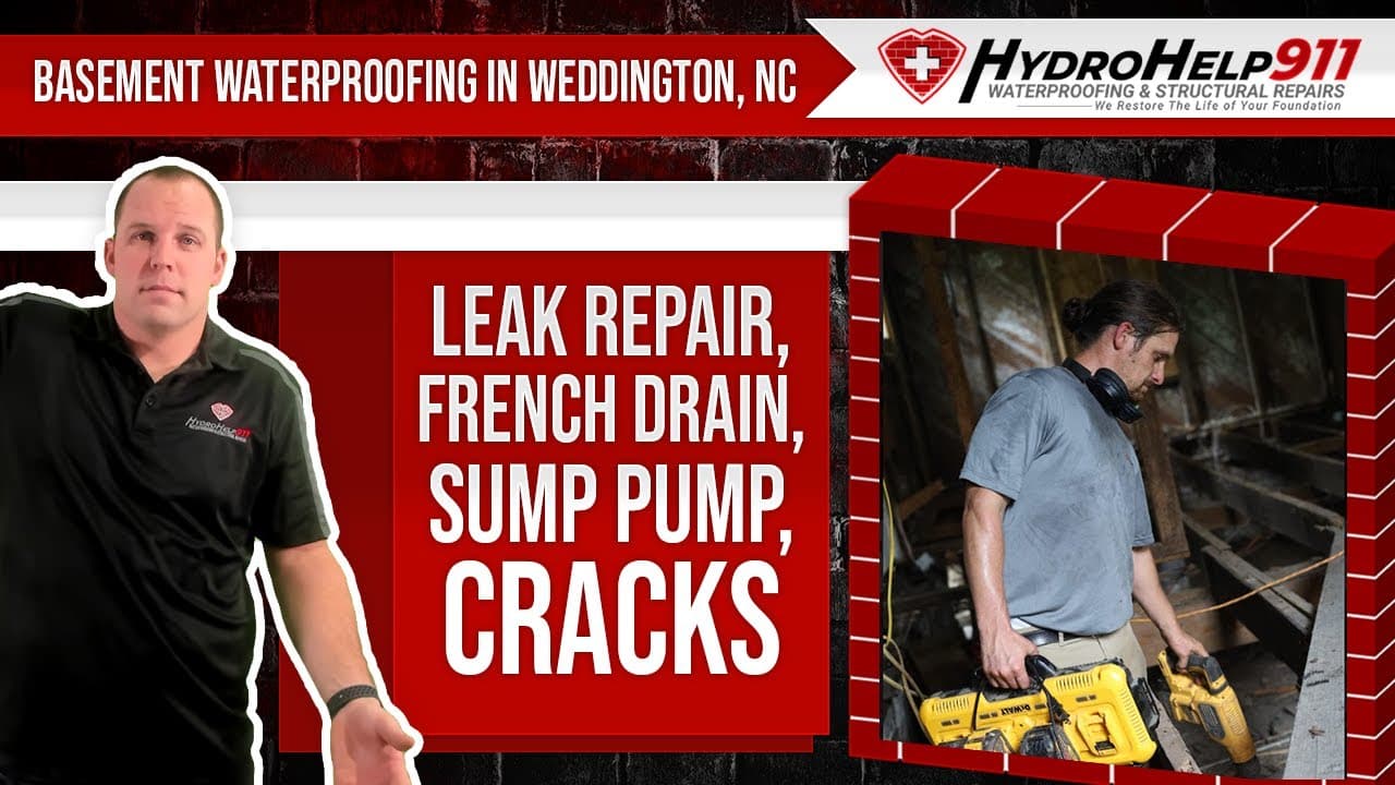 Basement Waterproofing in Weddington, NC: Interior Drainage, Sump Pump and Crack Repair. Video preview.