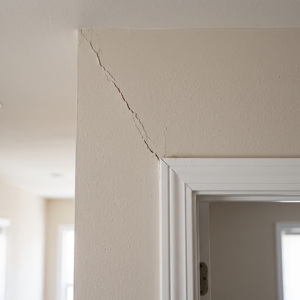 HydroHelp911 Crawl Space & Foundation Repair inspecting diagonal cracks extending from an interior door frame