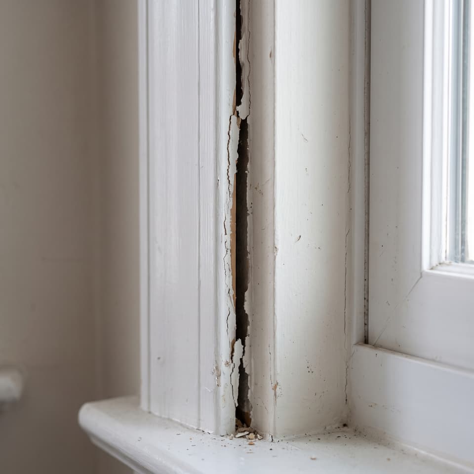 HydroHelp911 Crawl Space & Foundation Repair inspecting a vertical crack, peeling paint, and misaligned window frame caused