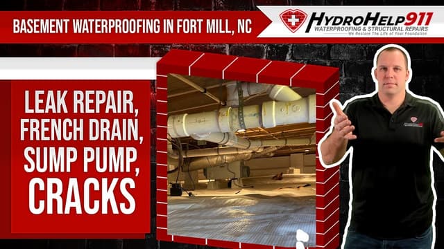 Basement Waterproofing in Fort Mill, SC: Interior Drainage, Sump Pump and Crack Repair. Video preview.