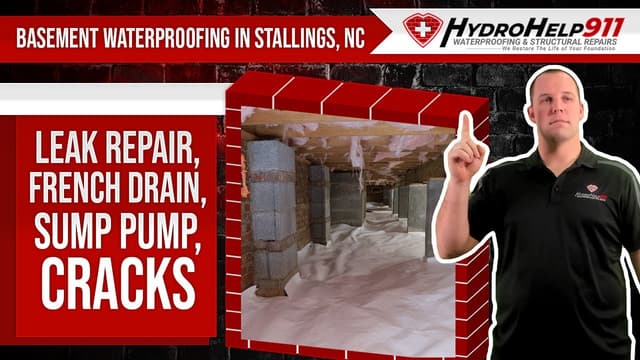 Basement Waterproofing in Stallings, NC: Interior Drainage, Sump Pump and Crack Repair. Video preview.
