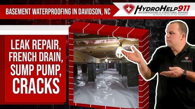Basement Waterproofing in Davidson, NC: Interior Drainage, Sump Pump and Crack Repair. Video preview.