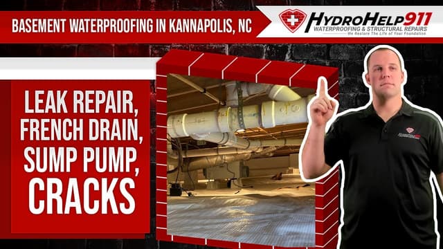 Basement Waterproofing in Kannapolis, NC: Interior Drainage, Sump Pump and Crack Repair. Video preview.
