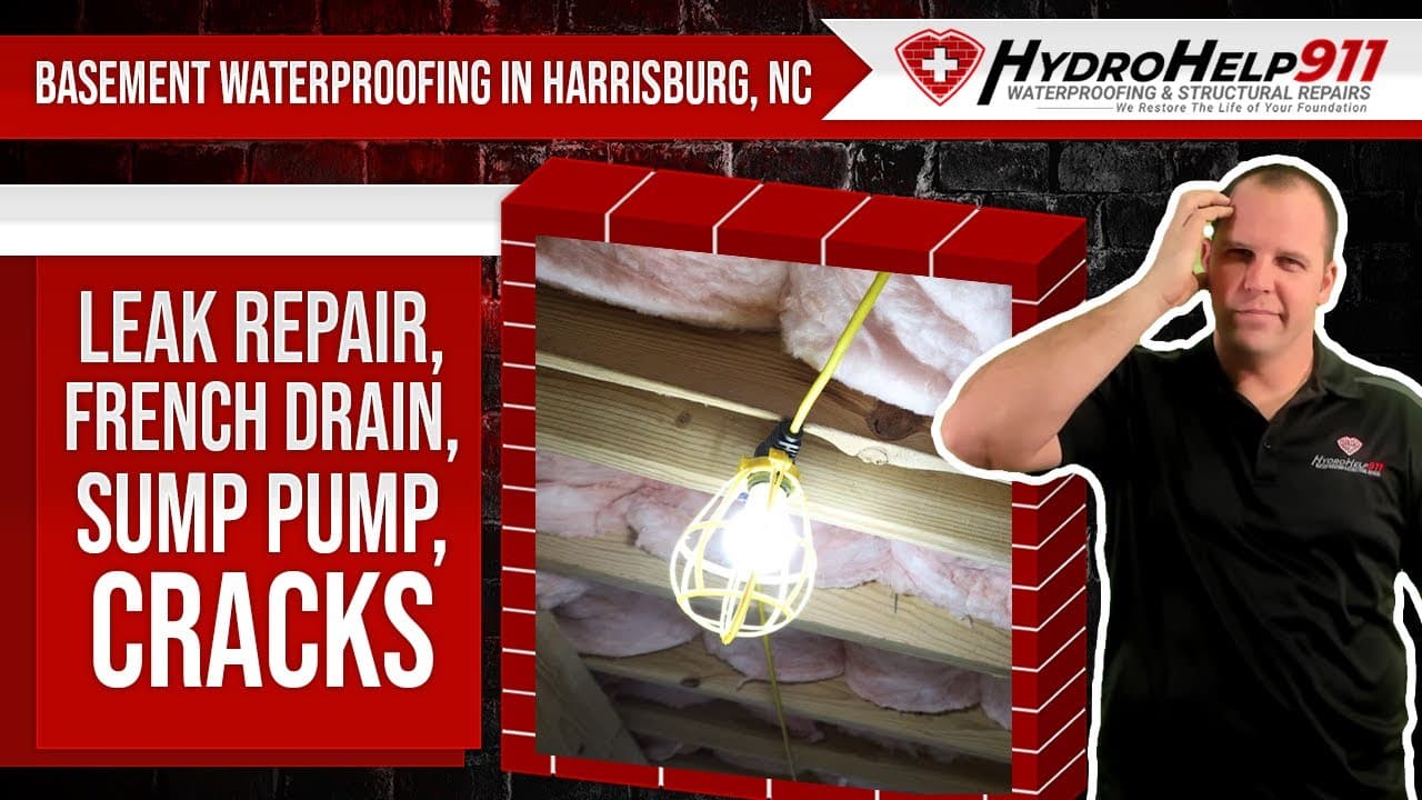 Basement Waterproofing in Harrisburg, NC: Interior Drainage, Sump Pump and Crack Repair. Video preview.