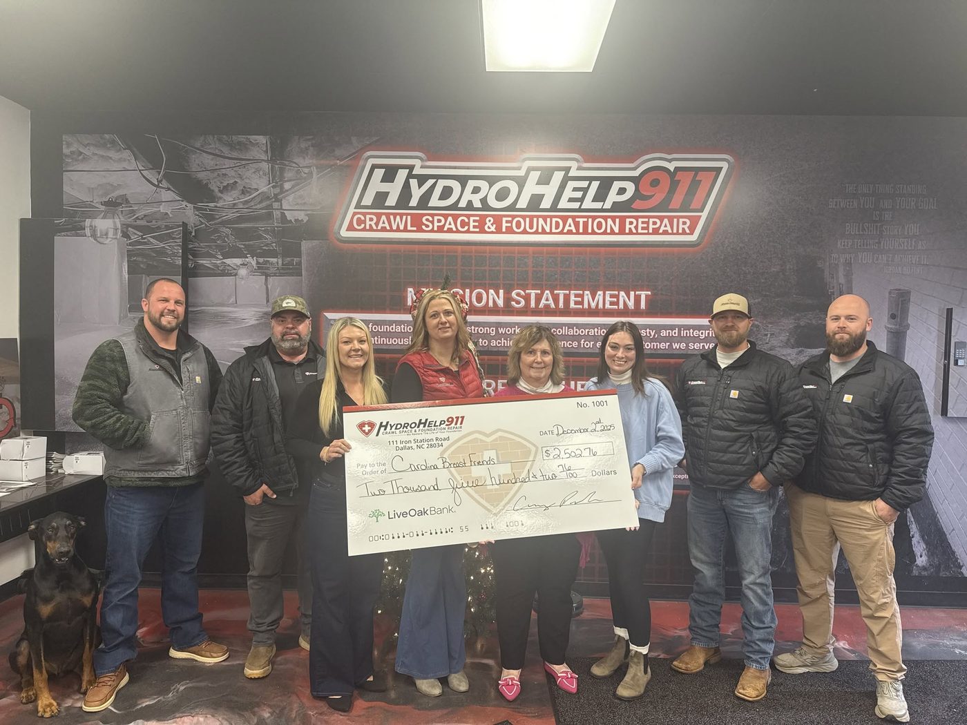 HydroHelp911 team presenting a $2,502.76 donation check to Carolina Breast Friends