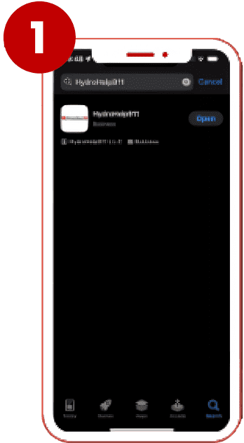 Step 1: the App Store search results for HydroHelp911 on a phone.