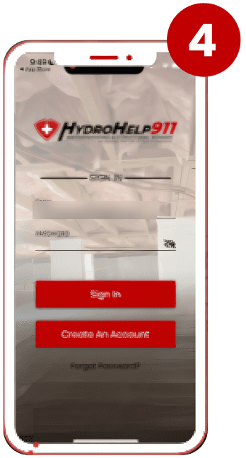 Step 4: the HydroHelp911 app sign in screen with the email and password fields filled in.