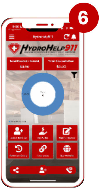 Step 6: the app home screen showing rewards totals, a referral chart, and buttons to add a referral and see referral history.