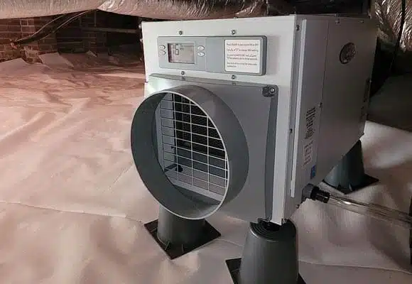 Aprilaire dehumidifier on stands in an encapsulated crawl space in Cherryville, NC