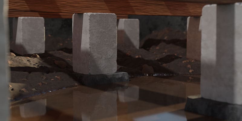 Standing water around concrete block piers in a crawl space
