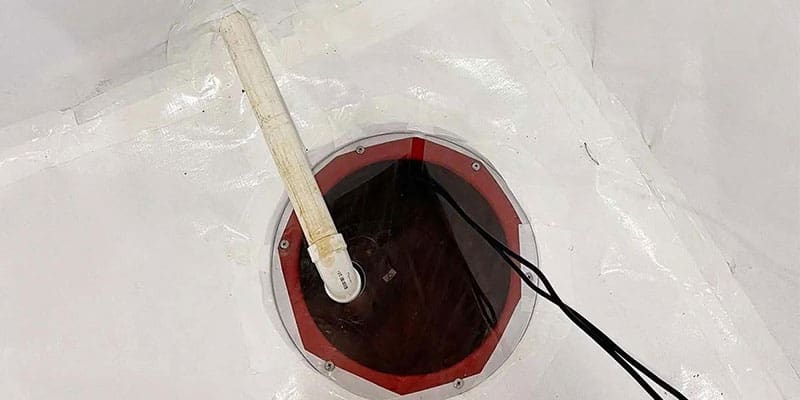 Sump pit with a discharge pipe set in a white crawl space liner
