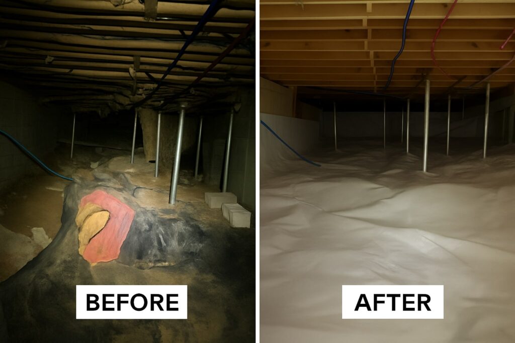 Before and after of a crawl space, dark and cluttered on the left and clean with a white vapor barrier on the right
