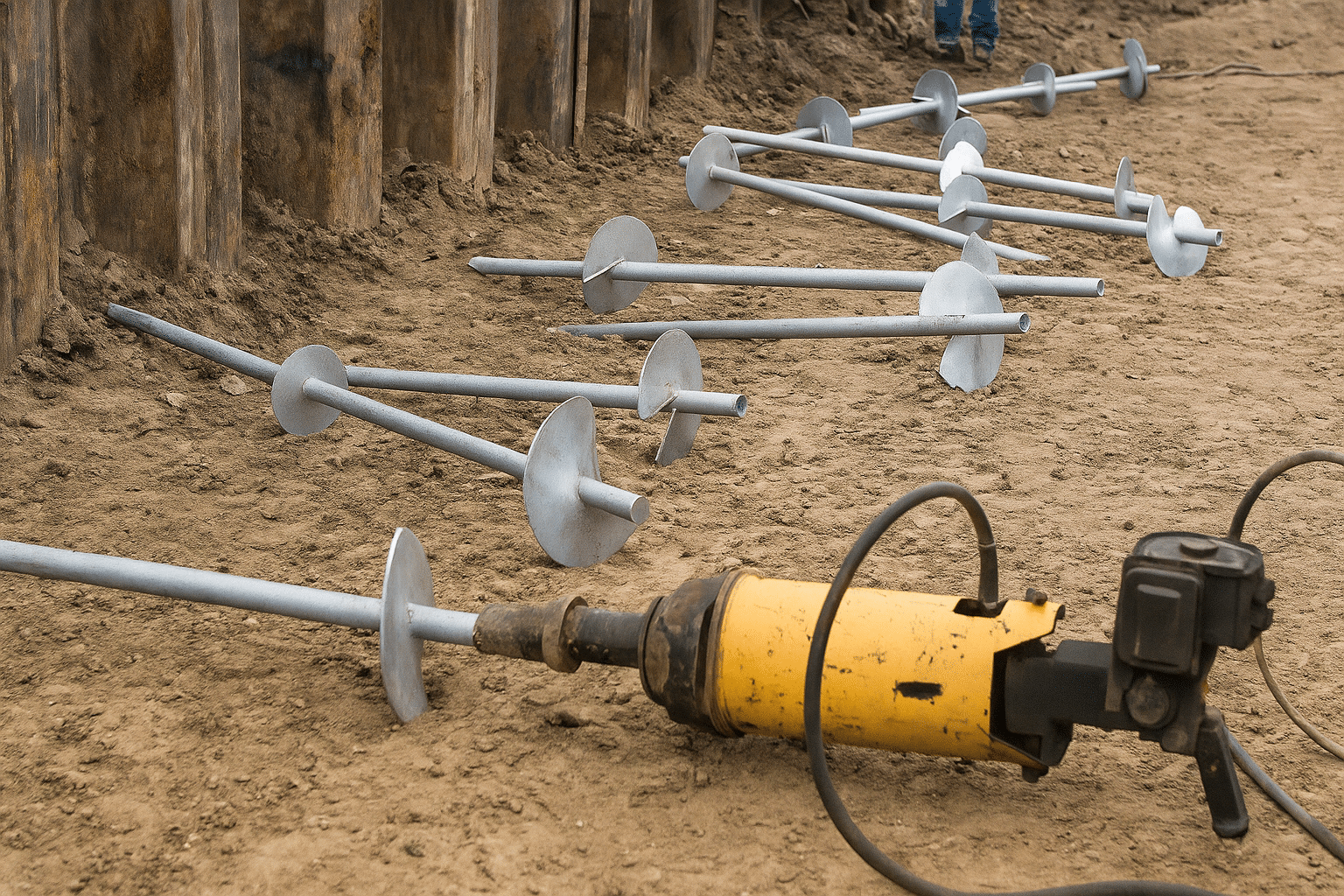 Helical piles laid out on a job site beside a hydraulic drive head