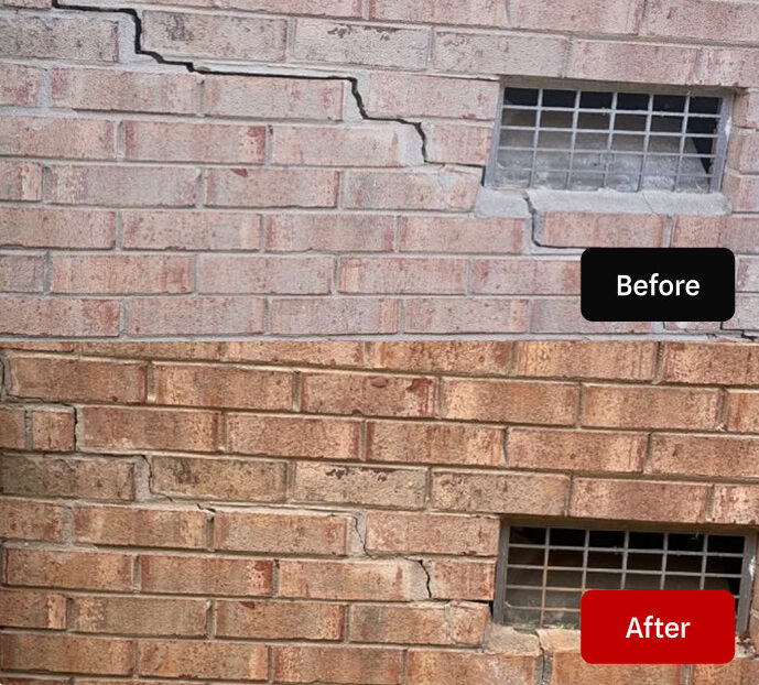 Brick wall with a stair step crack before and after repair
