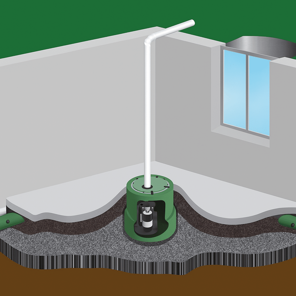 Illustration of an interior drainage system feeding a sump pump