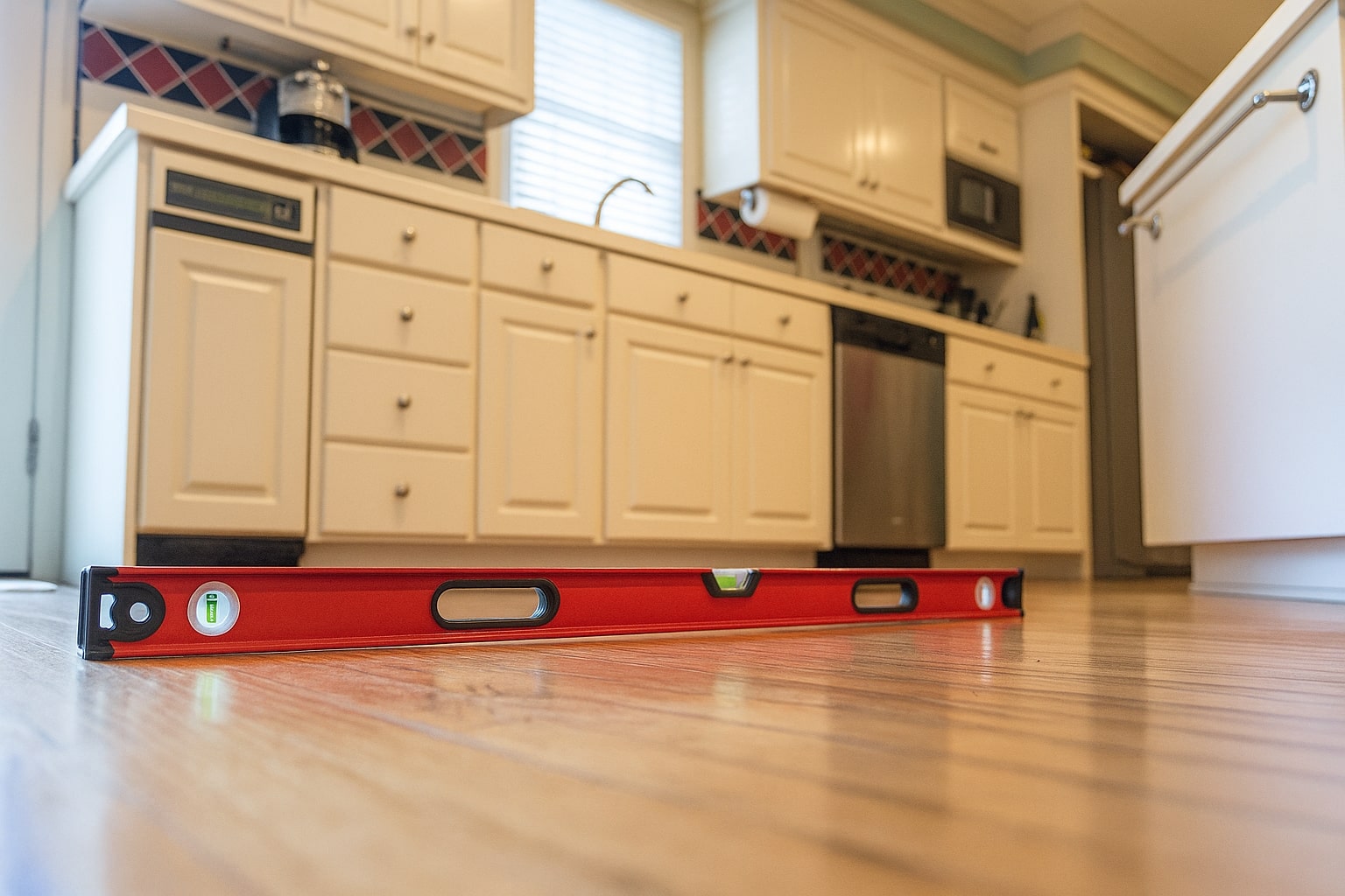 Level lying on a kitchen floor to check for a sag