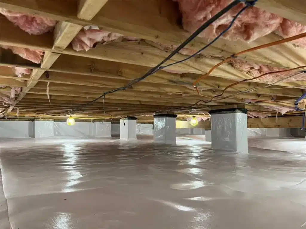 Encapsulated crawl space with a vapor barrier on the floor, wrapped piers and pink insulation under the floor