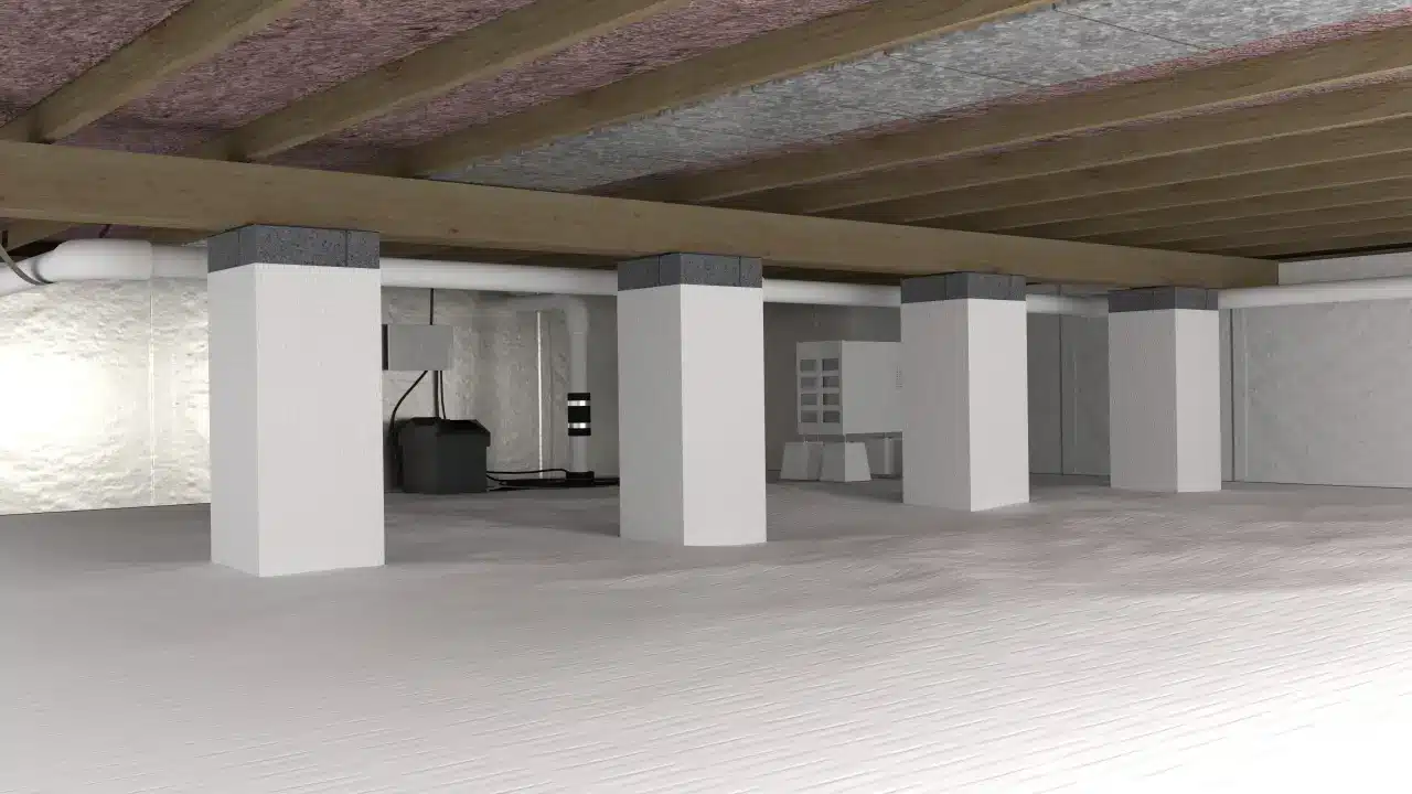 Illustration of an encapsulated crawl space with a white liner and support columns