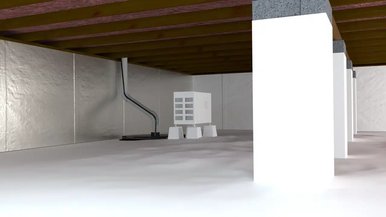 Illustration of an encapsulated crawl space with a sump pump discharge pipe and a dehumidifier