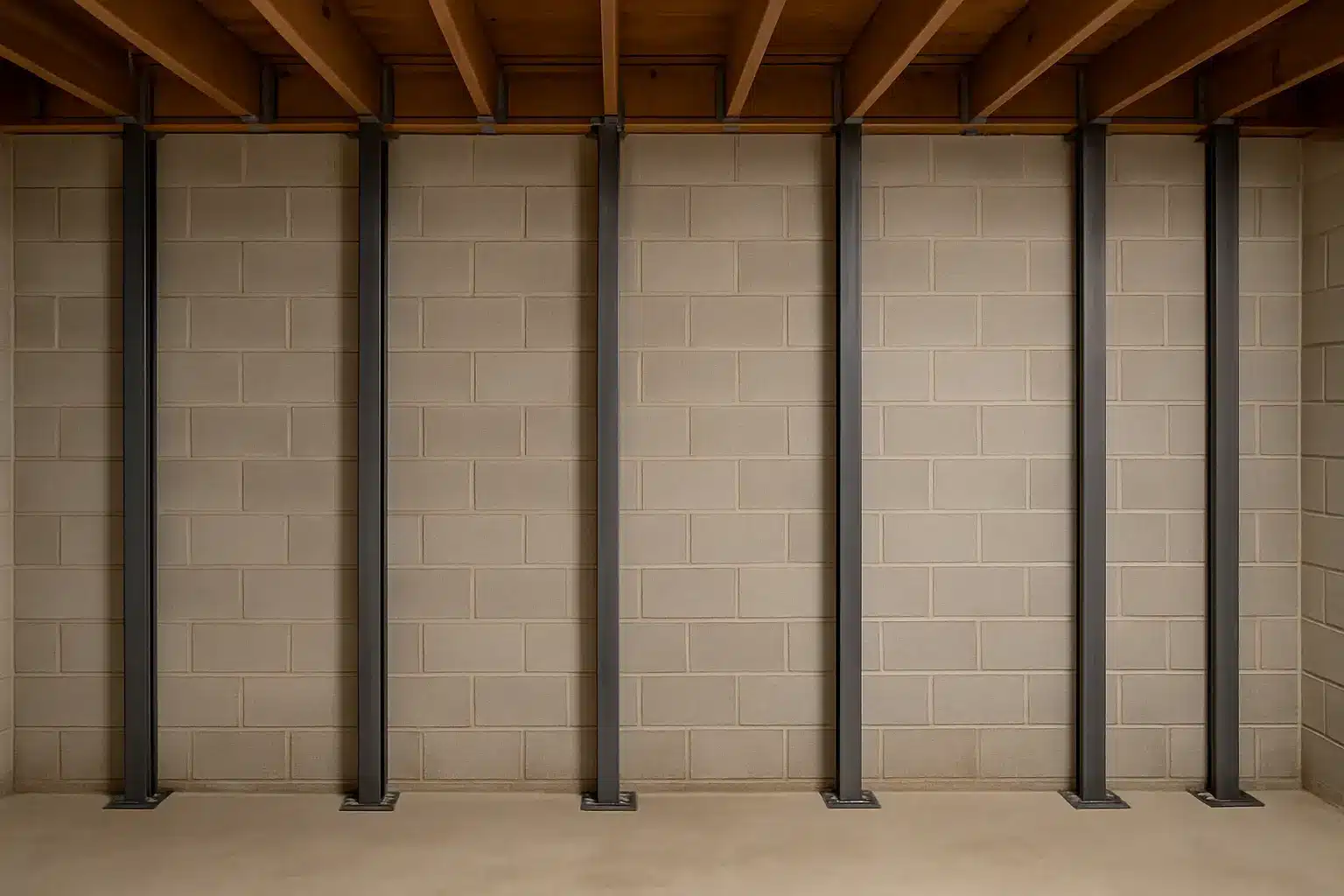 Steel I beam braces along a basement block wall