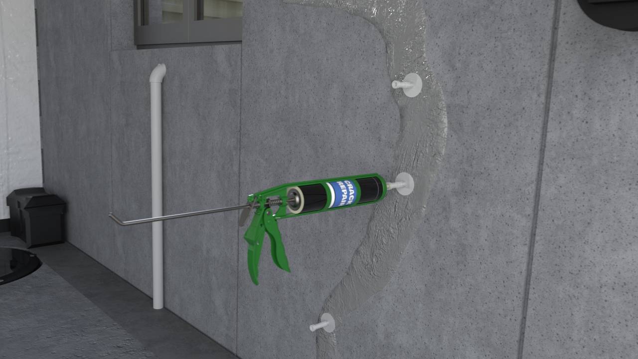Illustration of a crack in a concrete wall being injected through ports