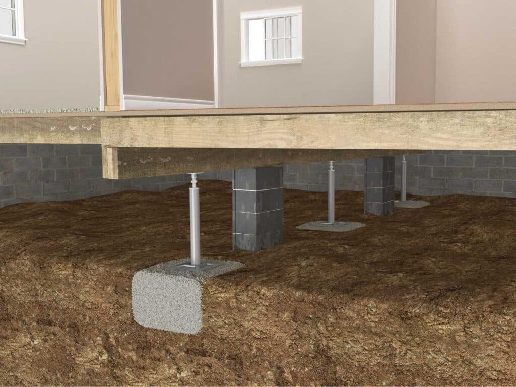 Illustration of adjustable jack posts supporting a floor beam in a crawl space