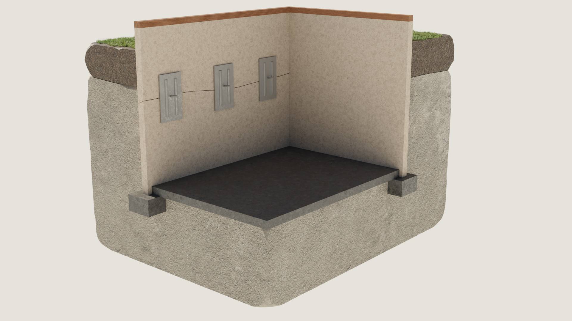 Illustration of wall anchor plates on a basement wall