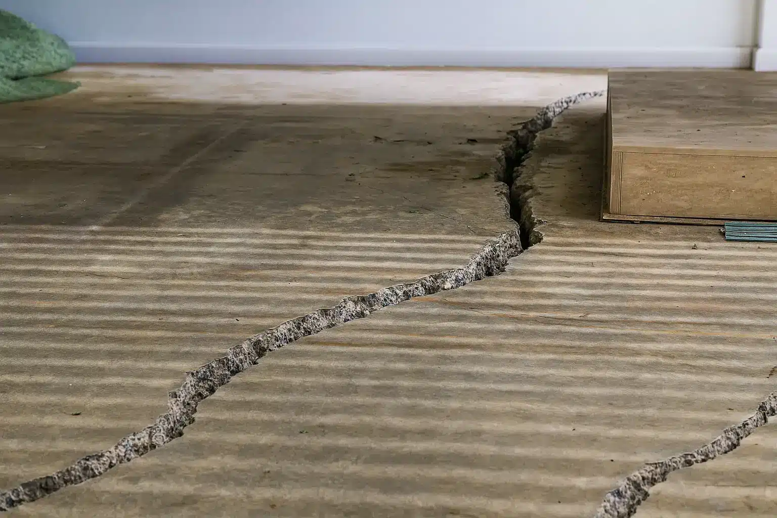 Illustration of deep cracks spreading across a concrete garage floor