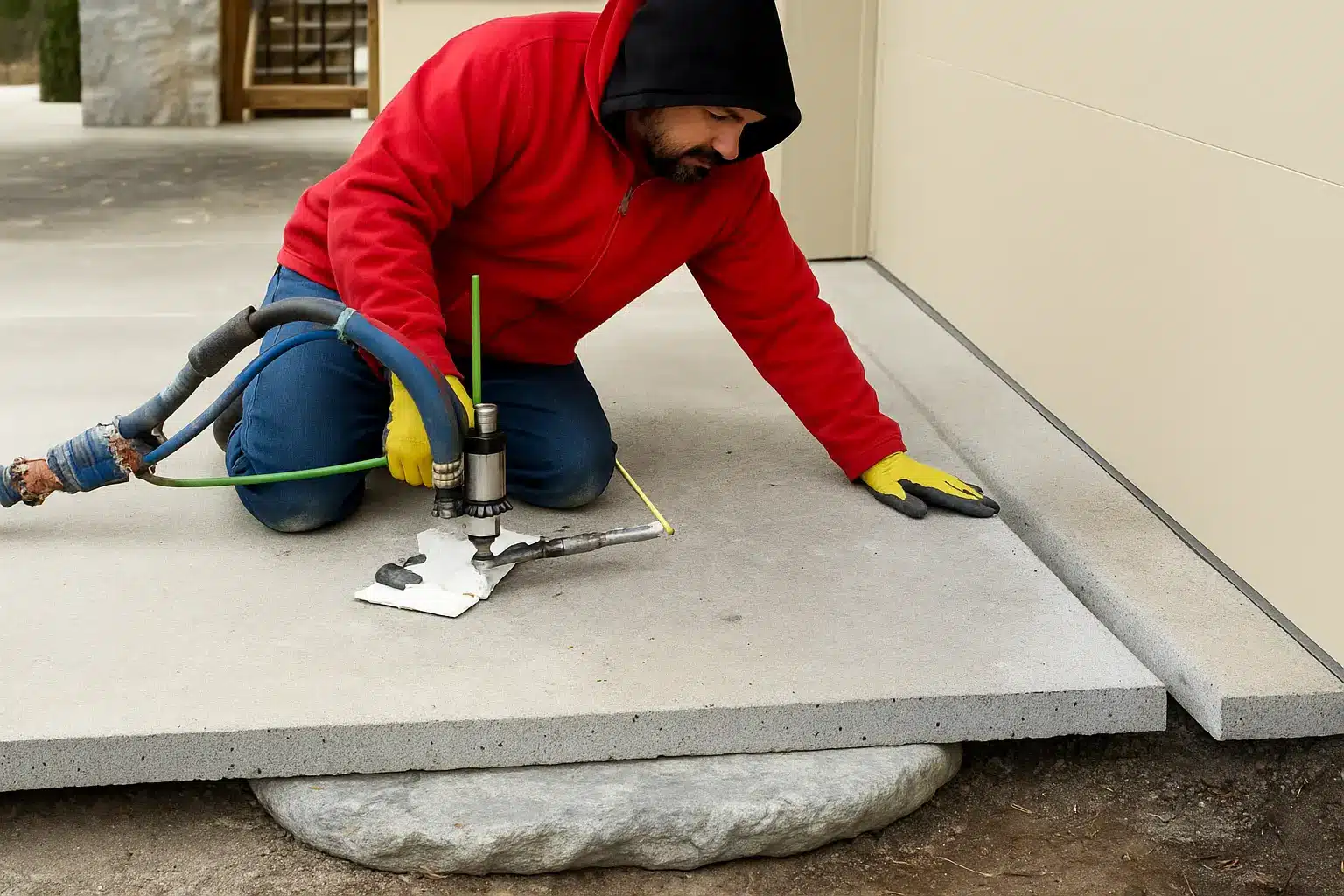 Illustration of a worker injecting foam under a concrete slab to lift it