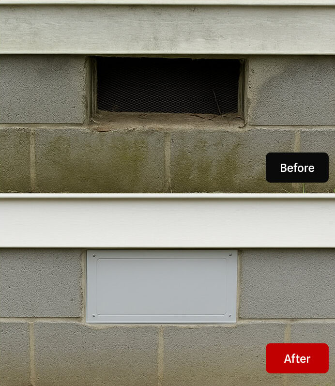 Before and after of a block foundation wall: an open mesh vent on the left, a sealed white vent cover on the right