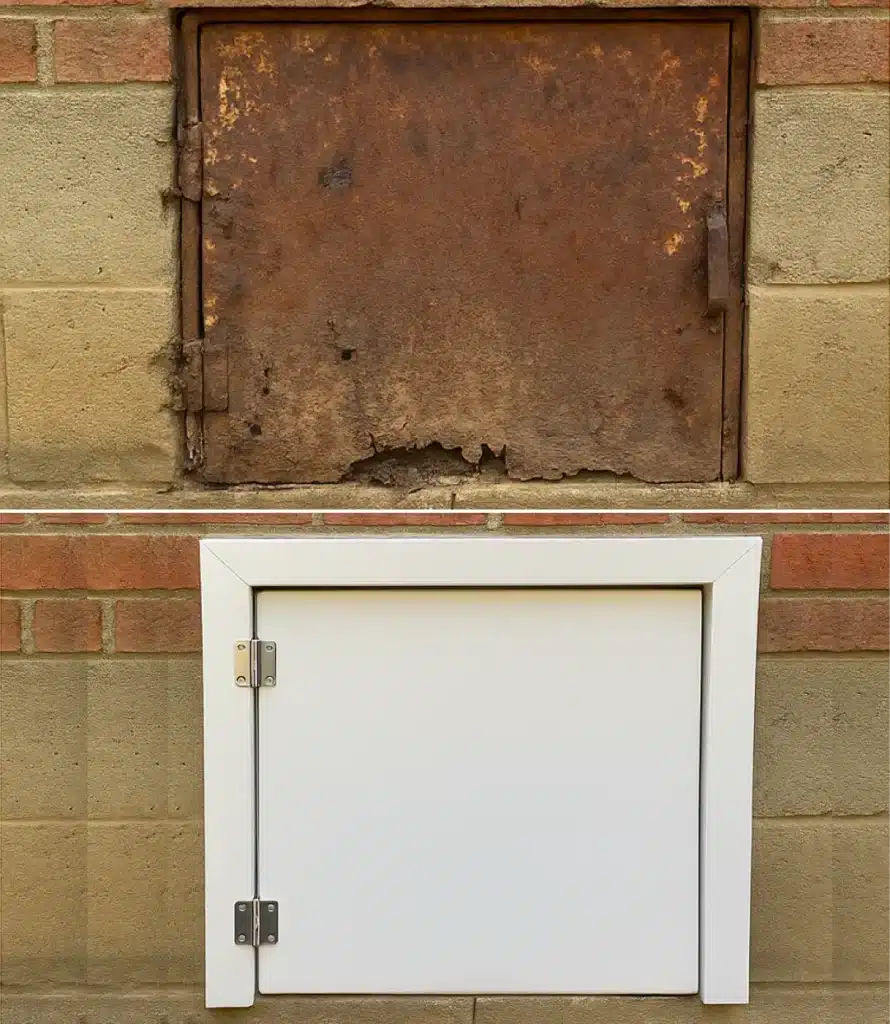 Before and after of a crawl space access door: a rusted metal door replaced with a new white door
