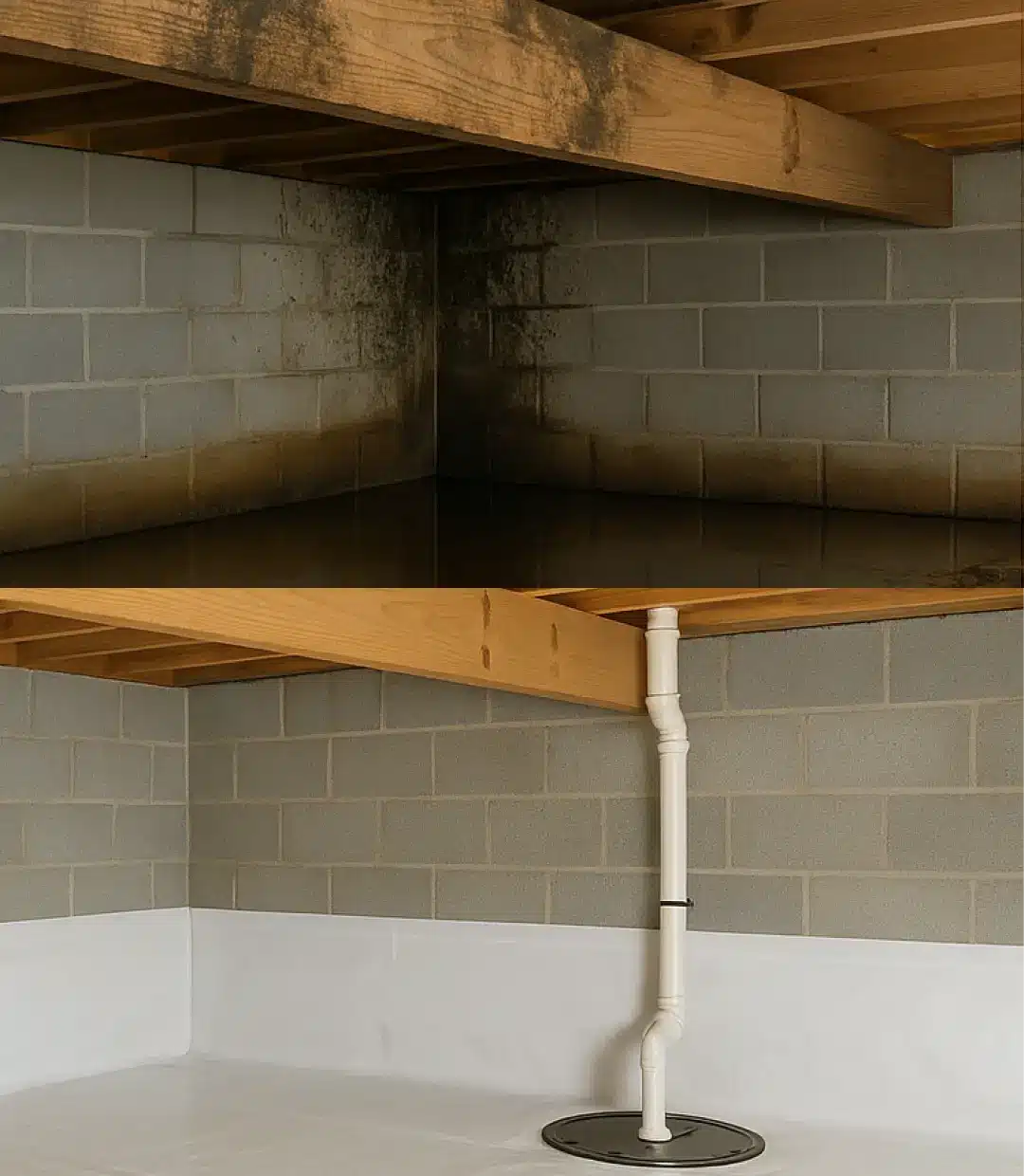 Crawl space block walls stained by standing water
