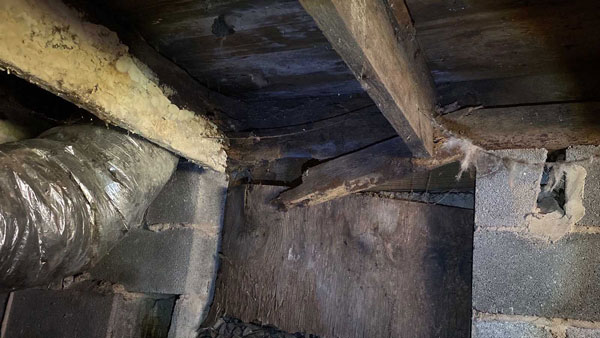 Damp, stained wood framing and ductwork in an unsealed crawl space