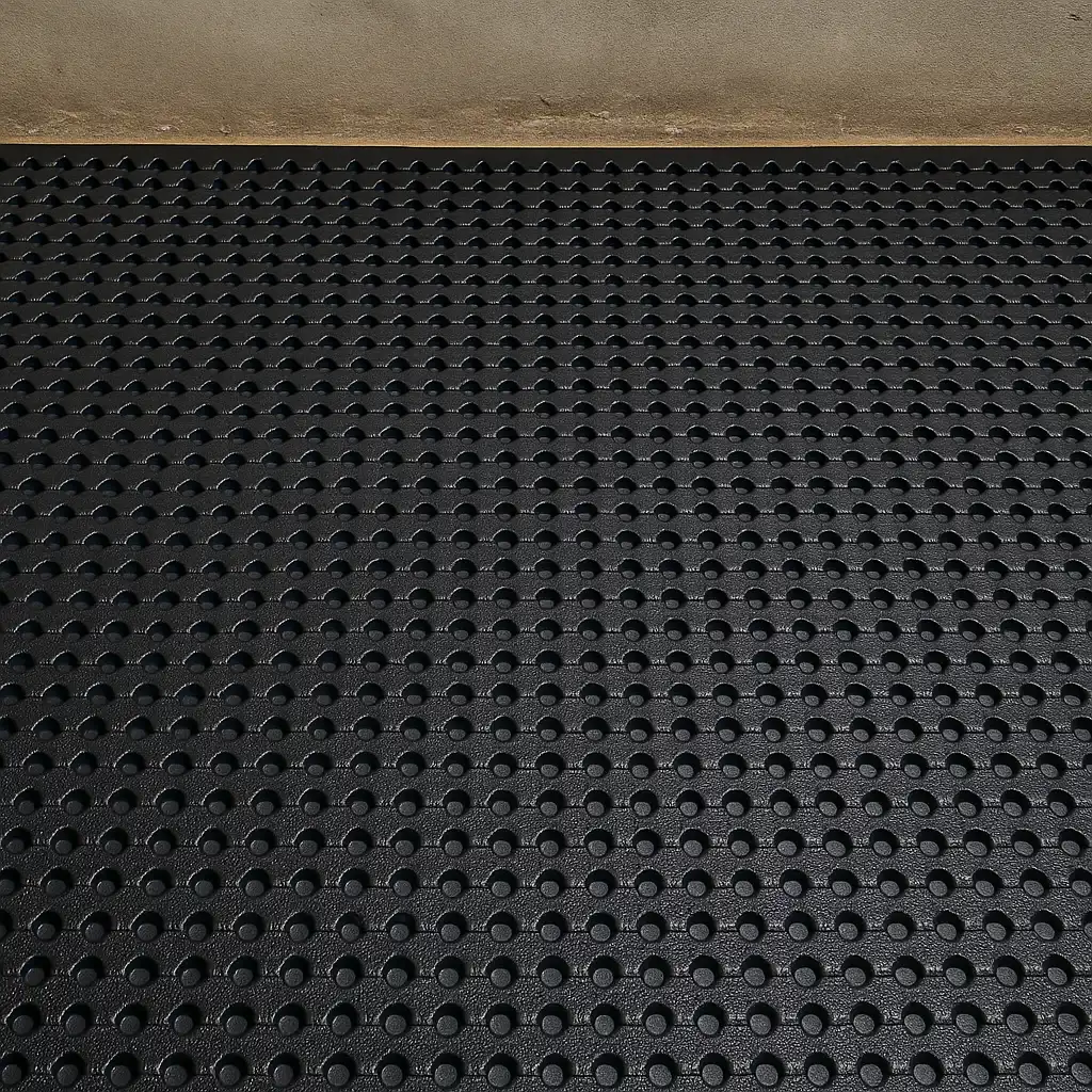 Dimpled drainage matting on a crawl space floor