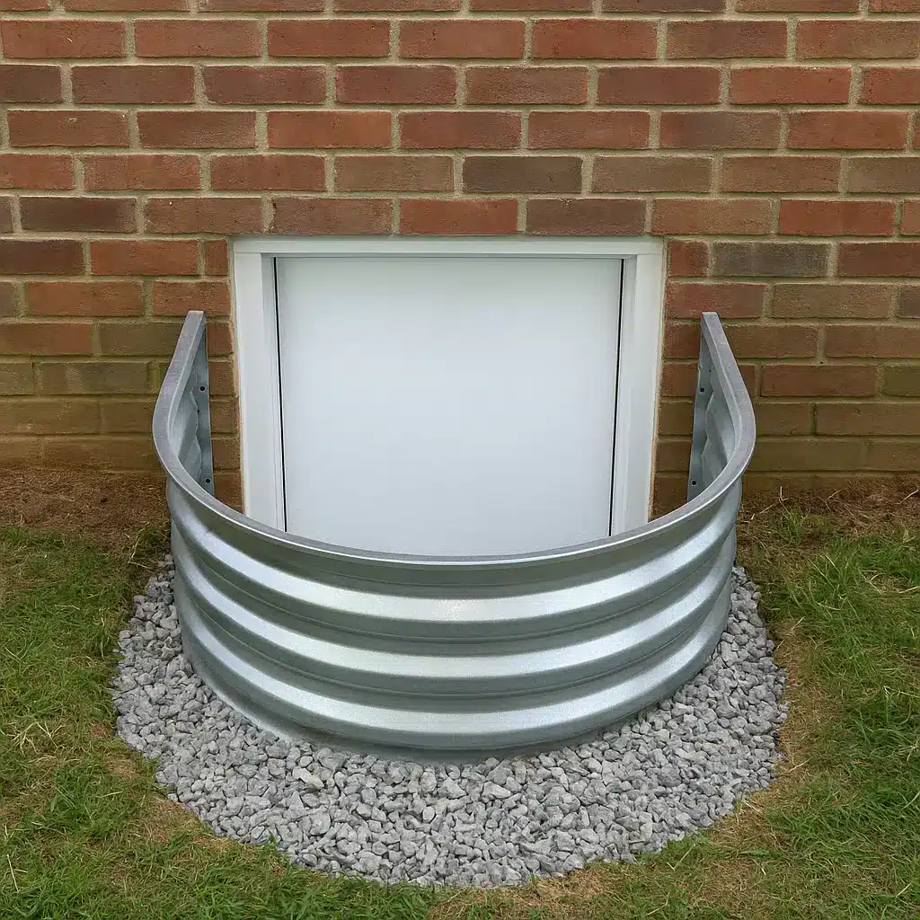 Crawl space access door with a metal well in a brick wall