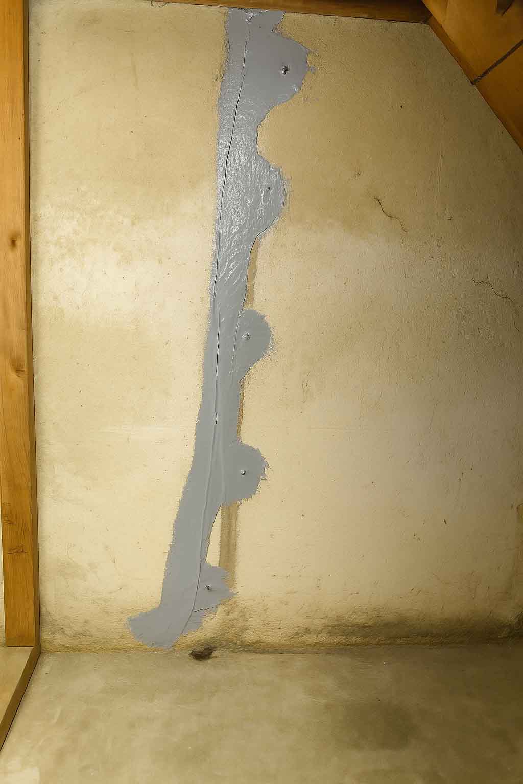 Foundation wall with a long crack sealed with gray injection material